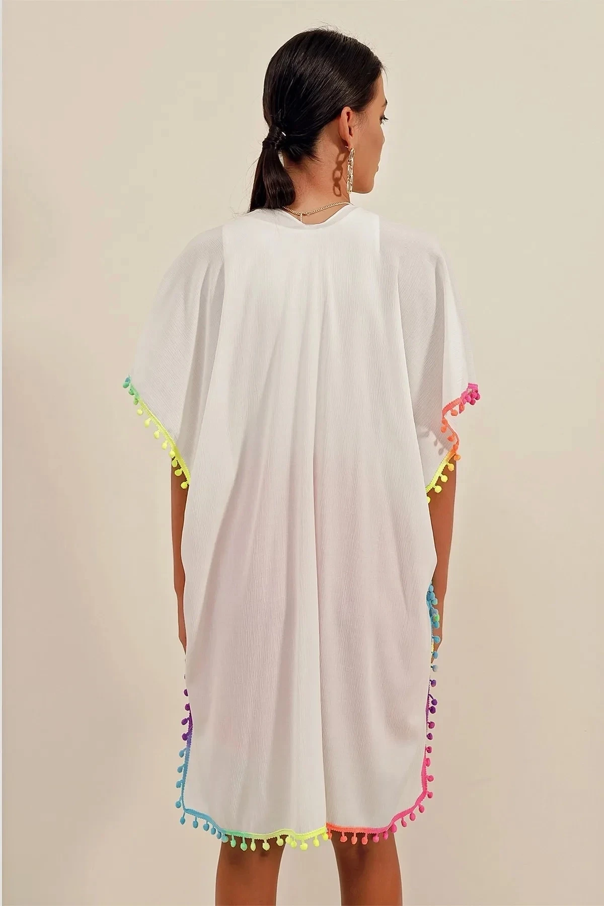 Önü İp Bağcıklı Renk Detaylı Oversize Kimono