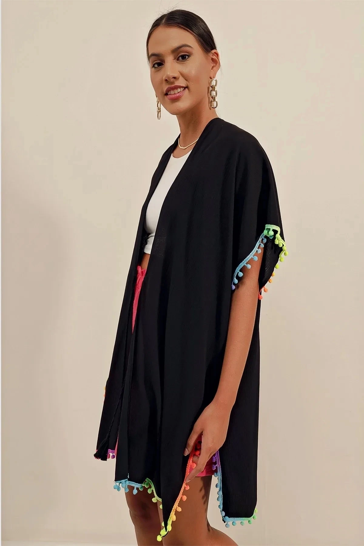 Önü İp Bağcıklı Renk Detaylı Oversize Kimono