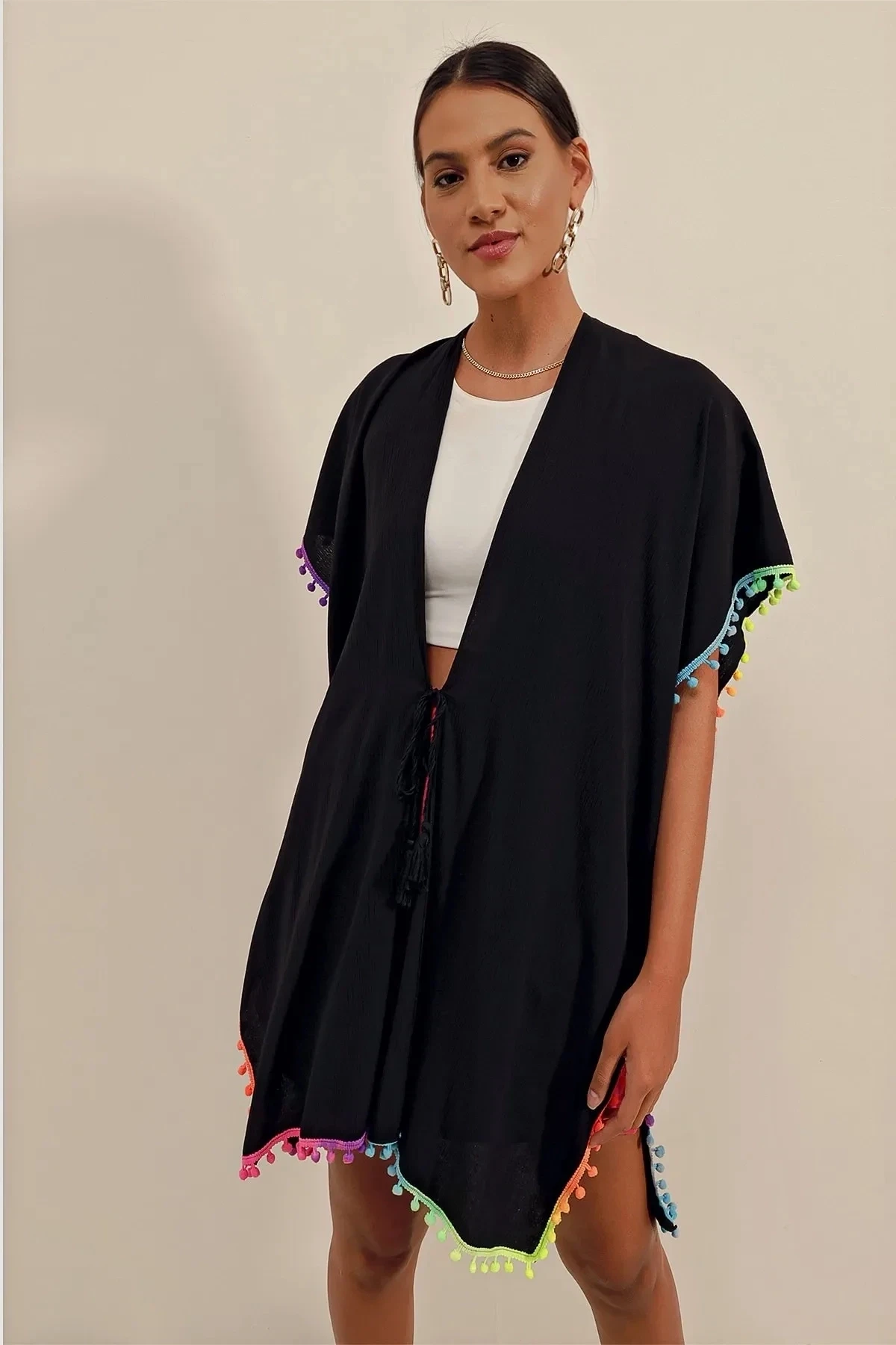 Önü İp Bağcıklı Renk Detaylı Oversize Kimono