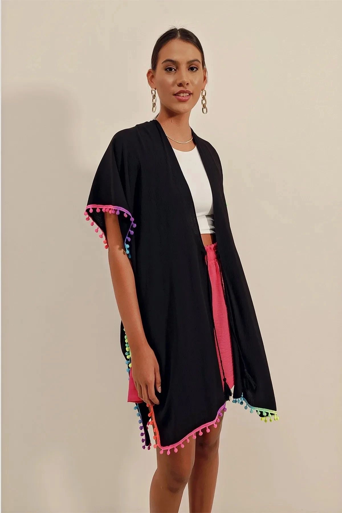 Önü İp Bağcıklı Renk Detaylı Oversize Kimono