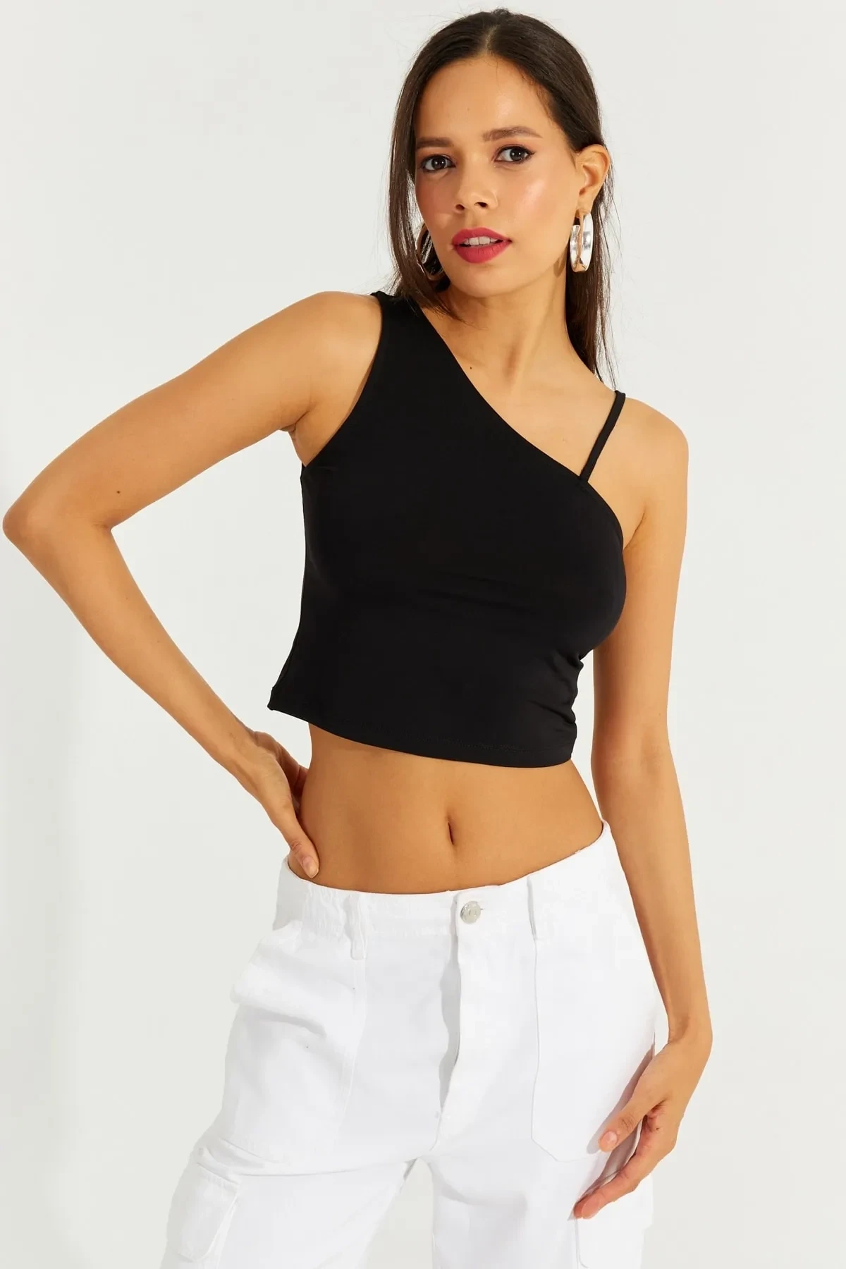 Tek Omuz Crop Bluz