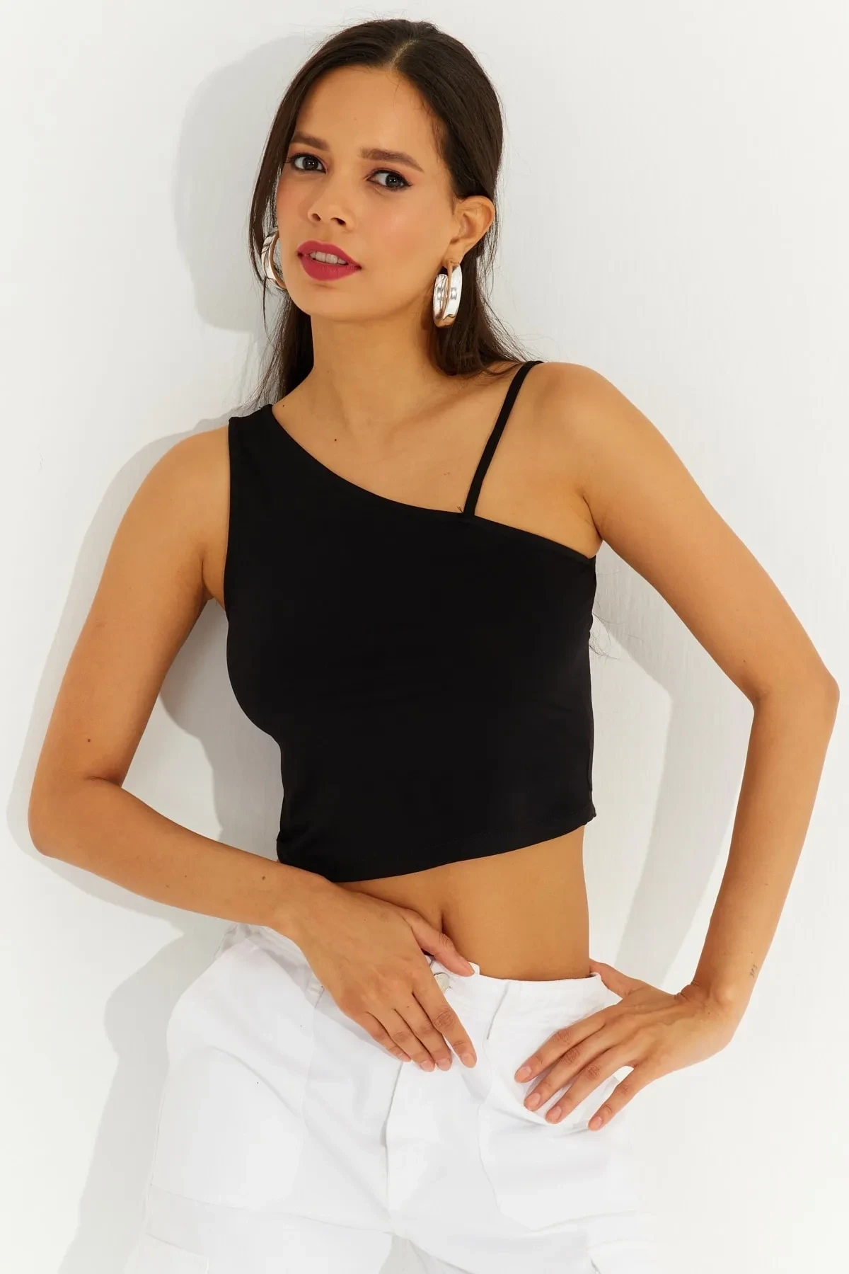 Tek Omuz Crop Bluz
