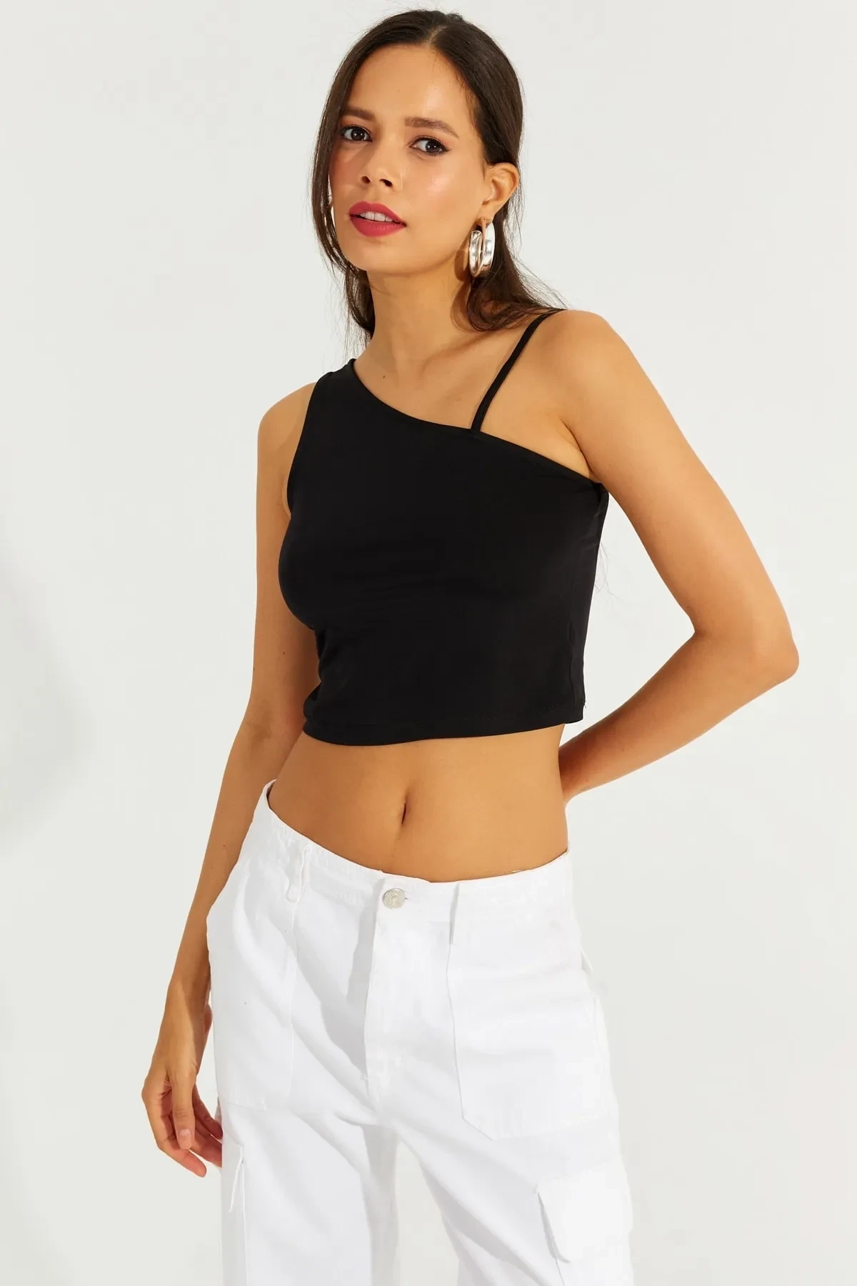 Tek Omuz Crop Bluz