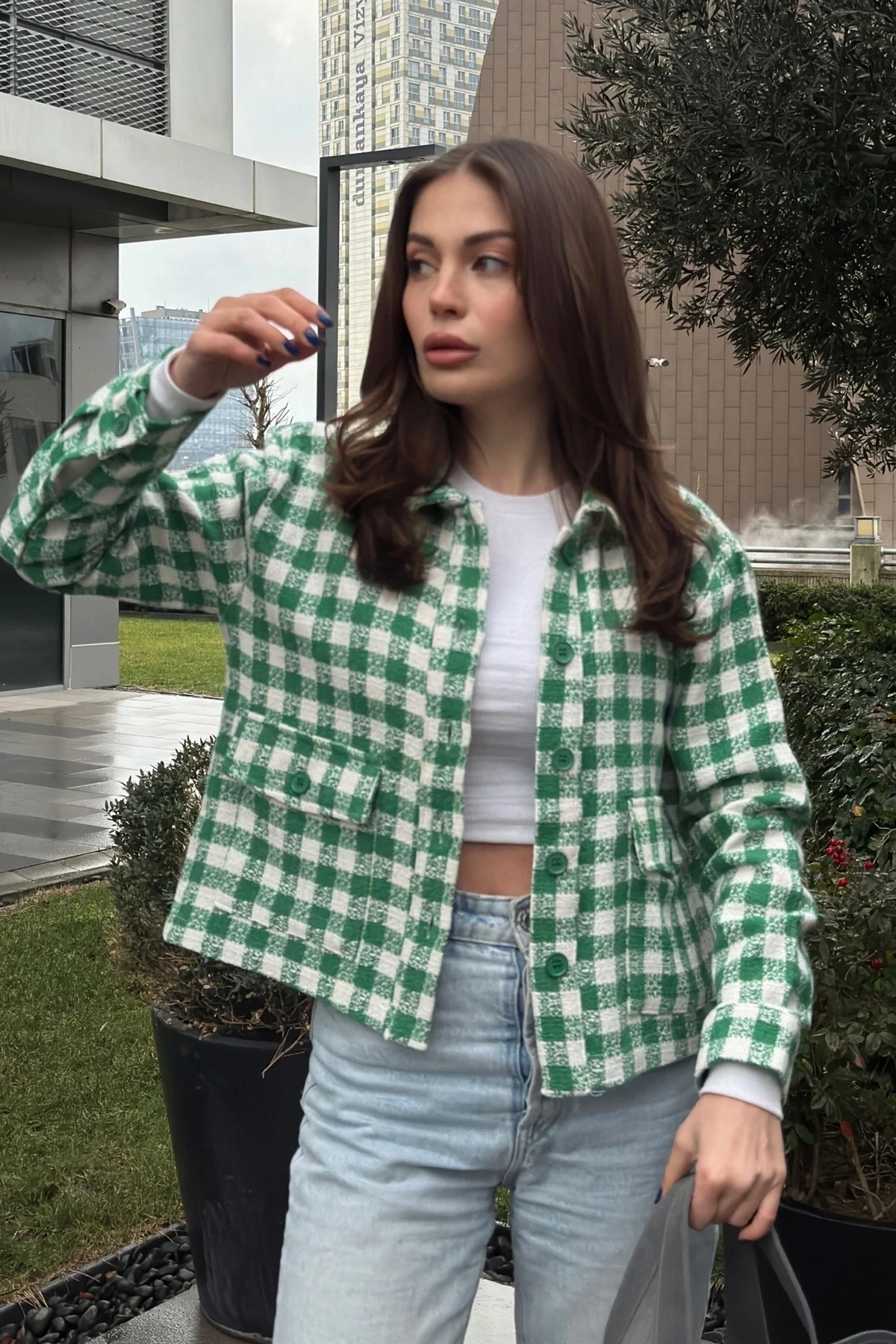 Çift Cep Ekose Desen Ceket