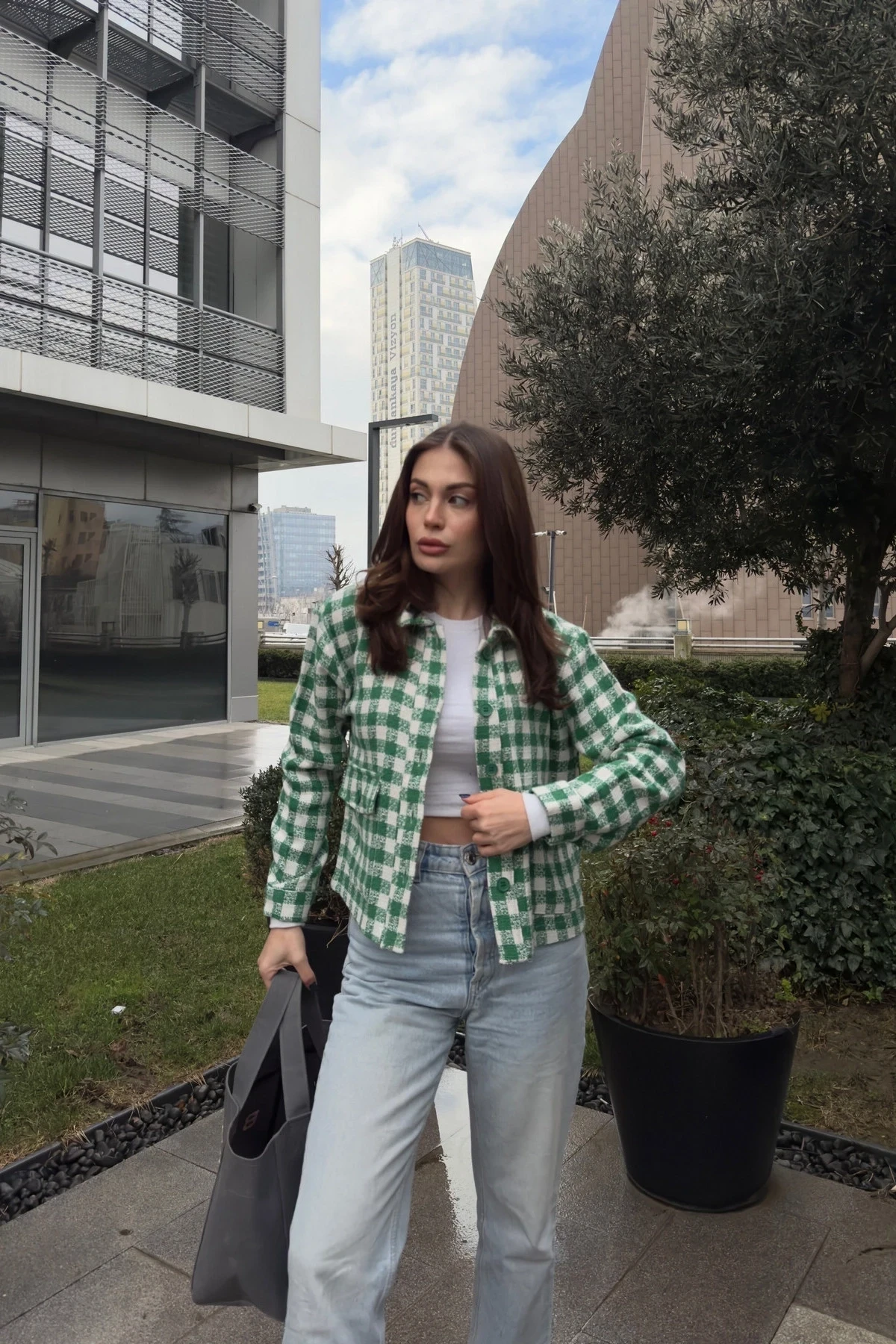 Çift Cep Ekose Desen Ceket