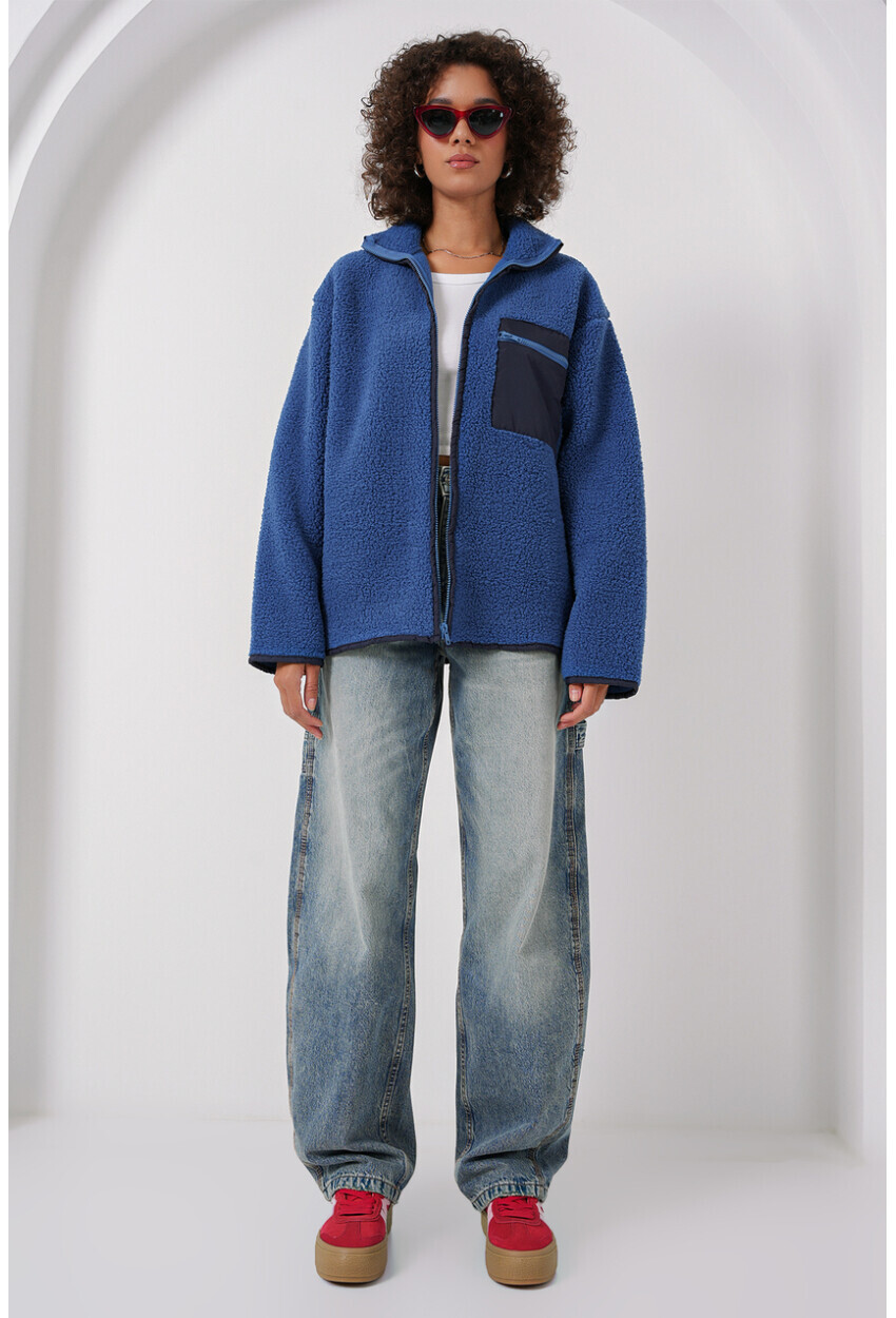 Fermuarlı Oversize Peluş Ceket Saks
