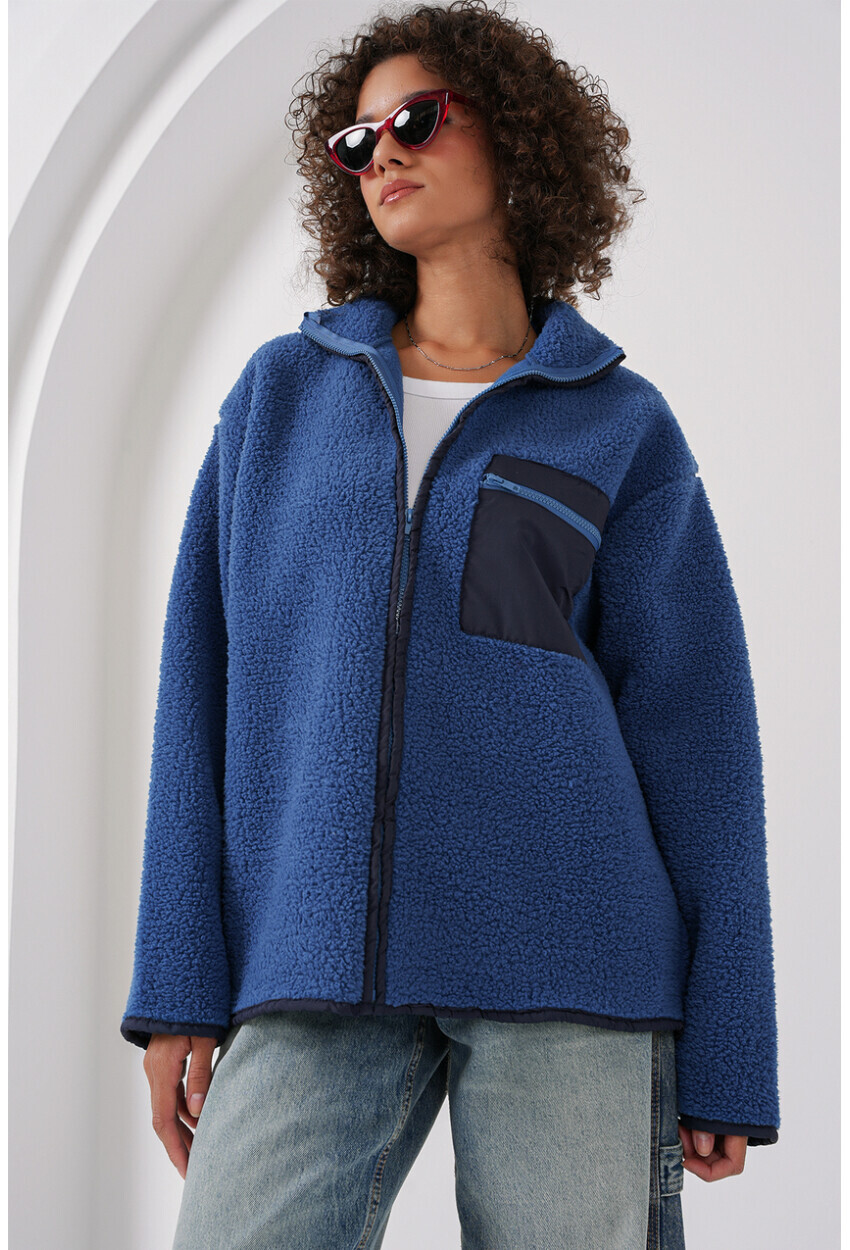Fermuarlı Oversize Peluş Ceket Saks