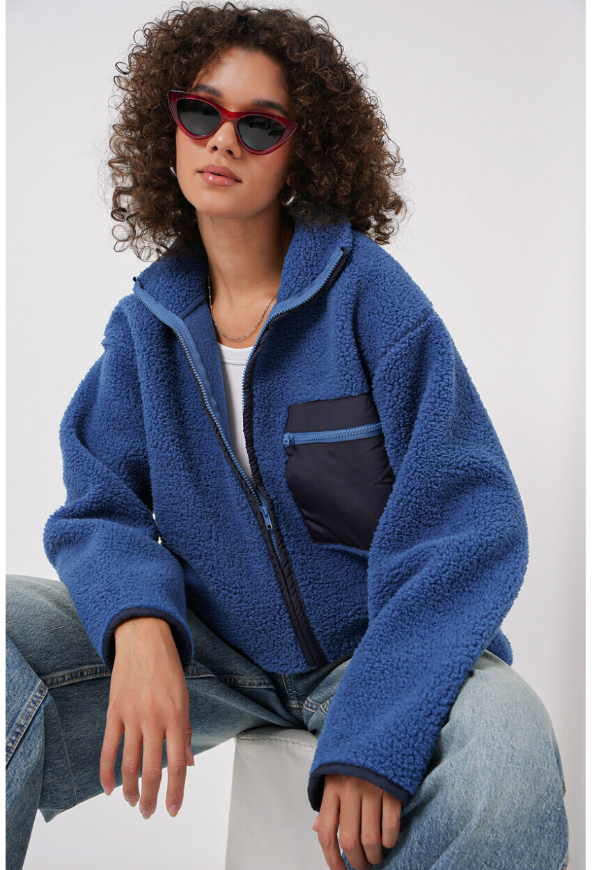 Fermuarlı Oversize Peluş Ceket Saks
