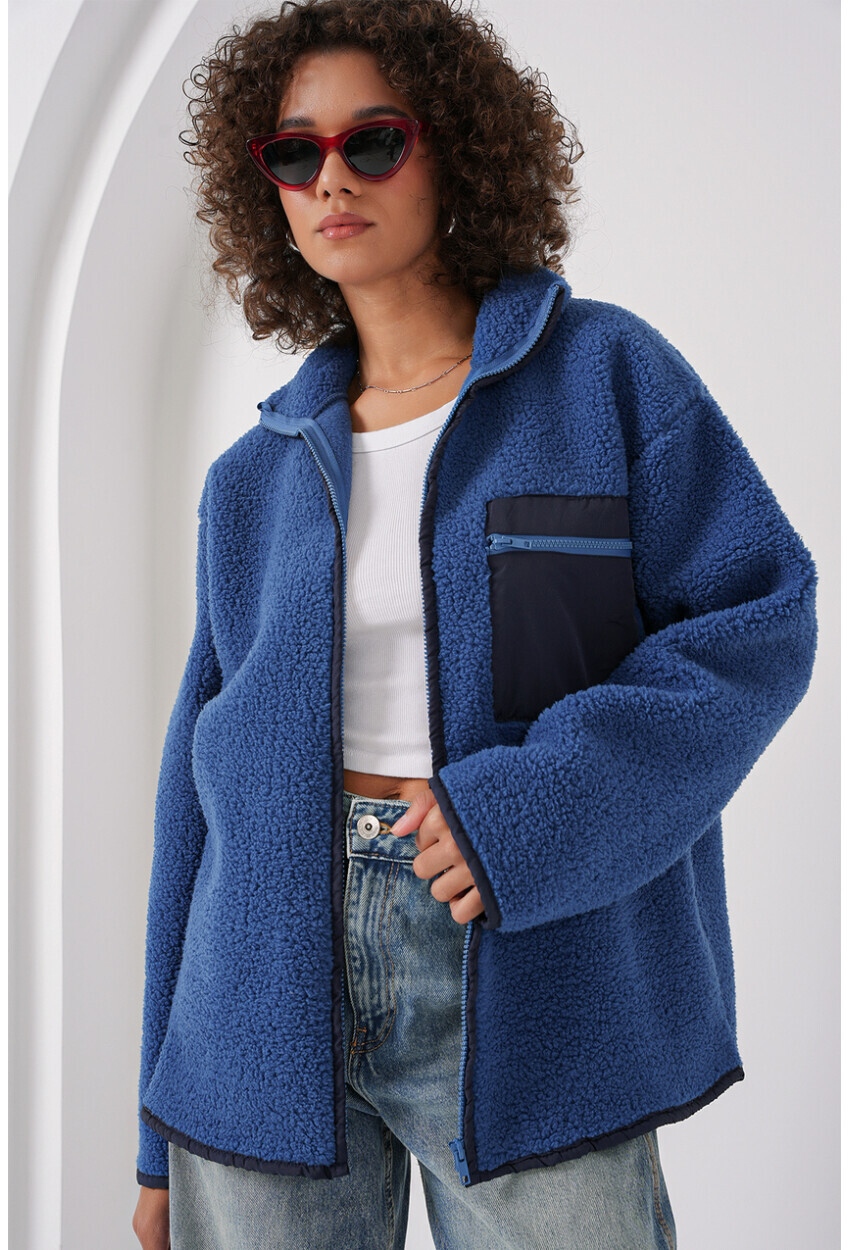 Fermuarlı Oversize Peluş Ceket Saks