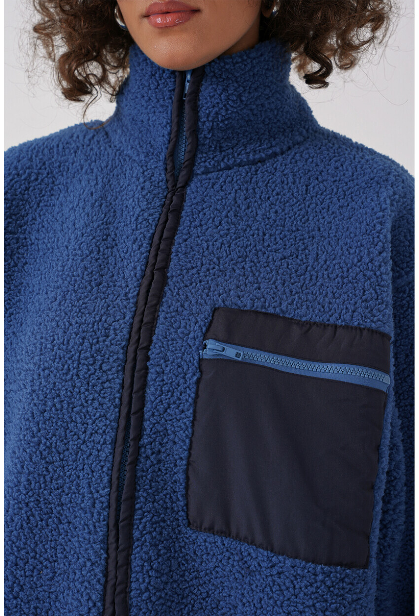 Fermuarlı Oversize Peluş Ceket Saks