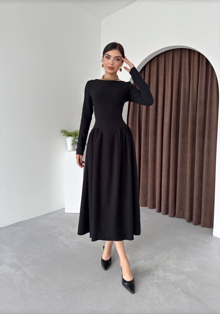 Oval Büzgülü Elbise Siyah