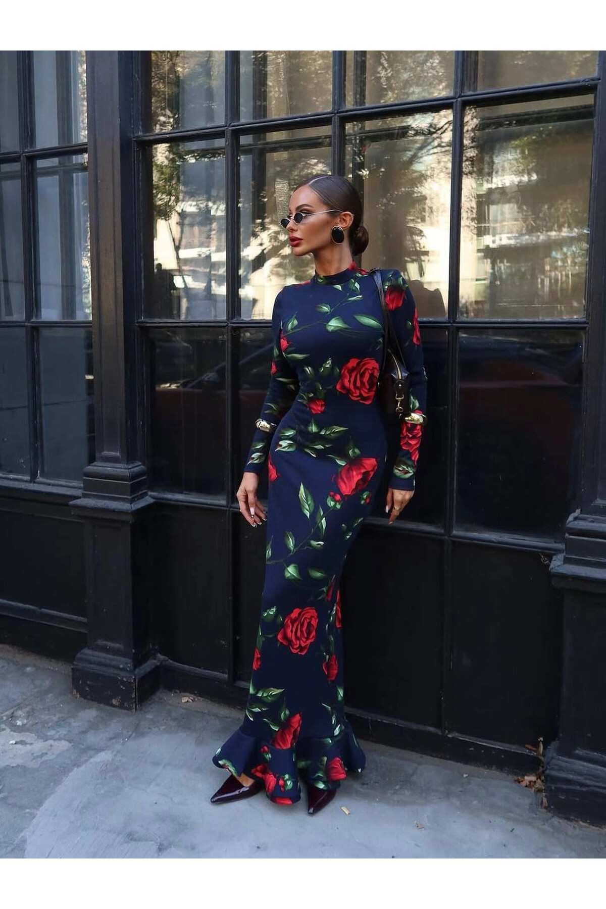 Balıkçı Yaka Desenli Maxi Boy Elbise