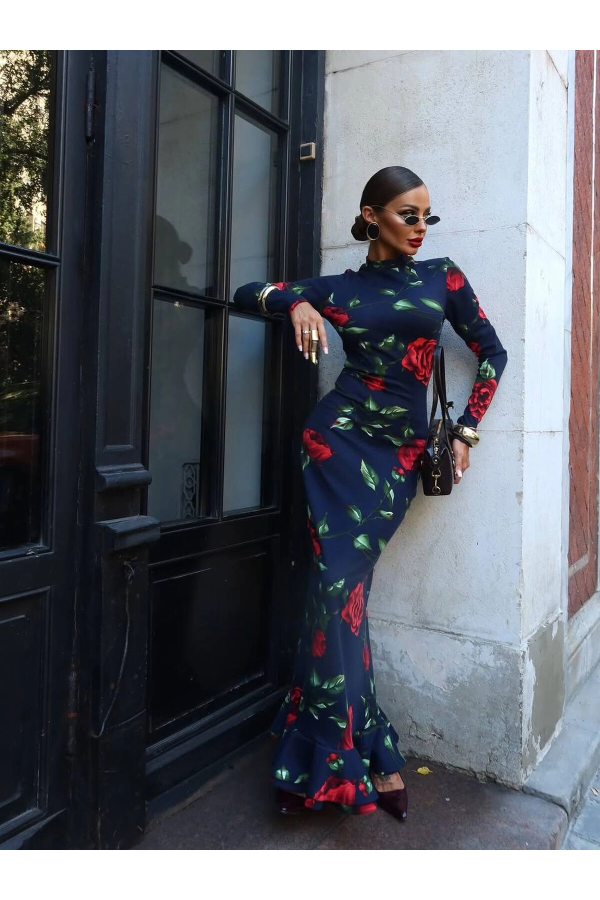 Balıkçı Yaka Desenli Maxi Boy Elbise