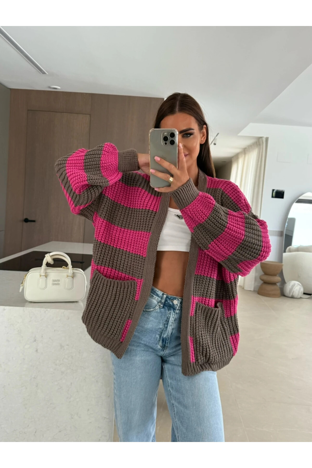 Cepli Çizgili Desen Triko Hırka Pembe