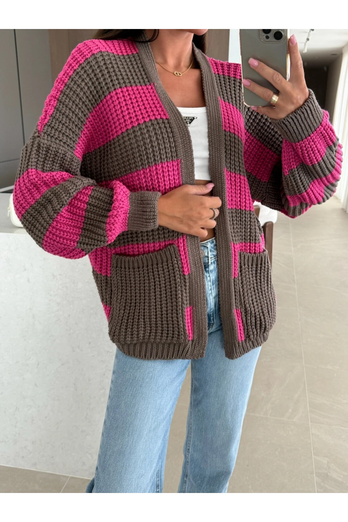 Cepli Çizgili Desen Triko Hırka Pembe