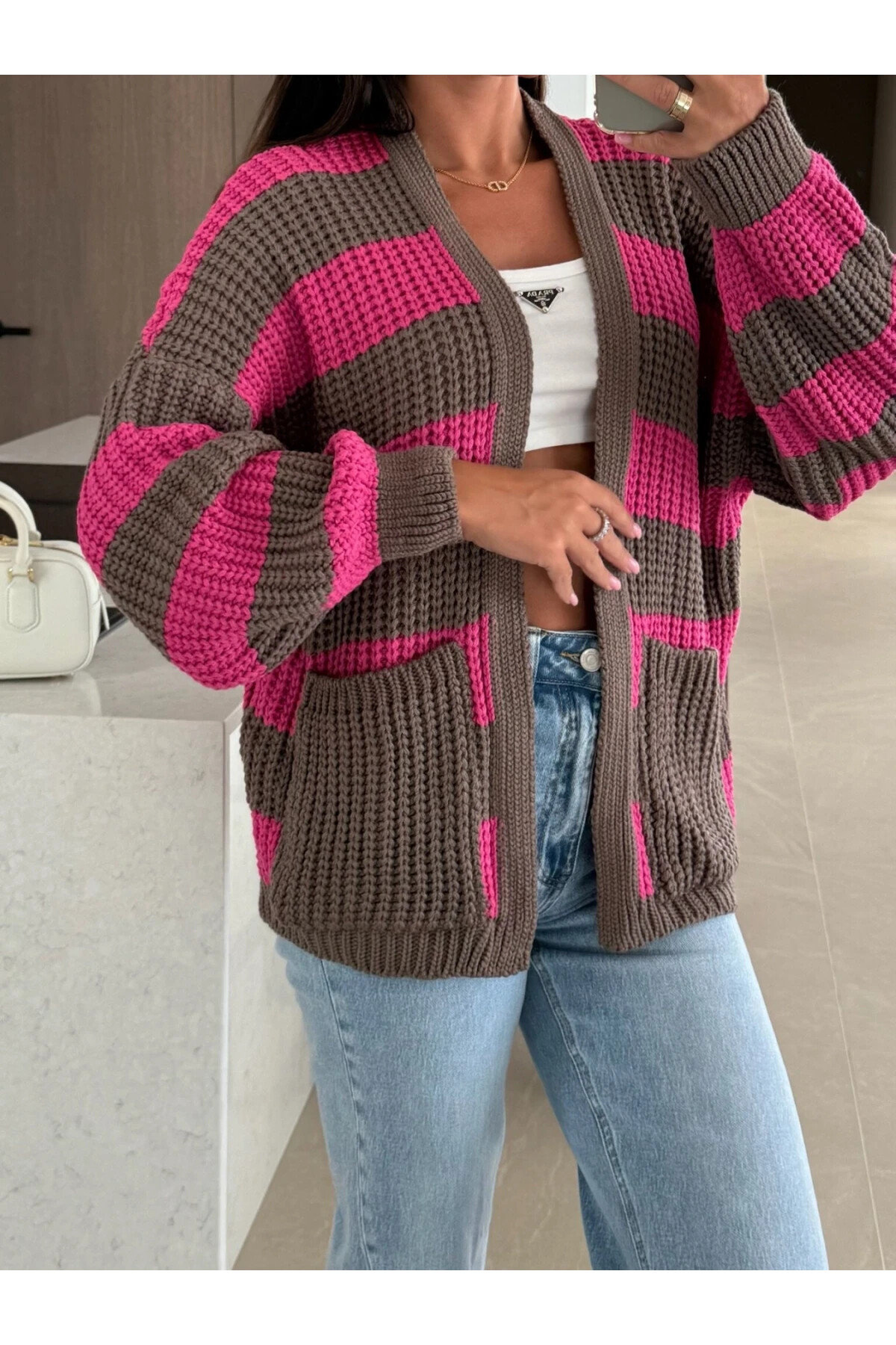 Cepli Çizgili Desen Triko Hırka Pembe