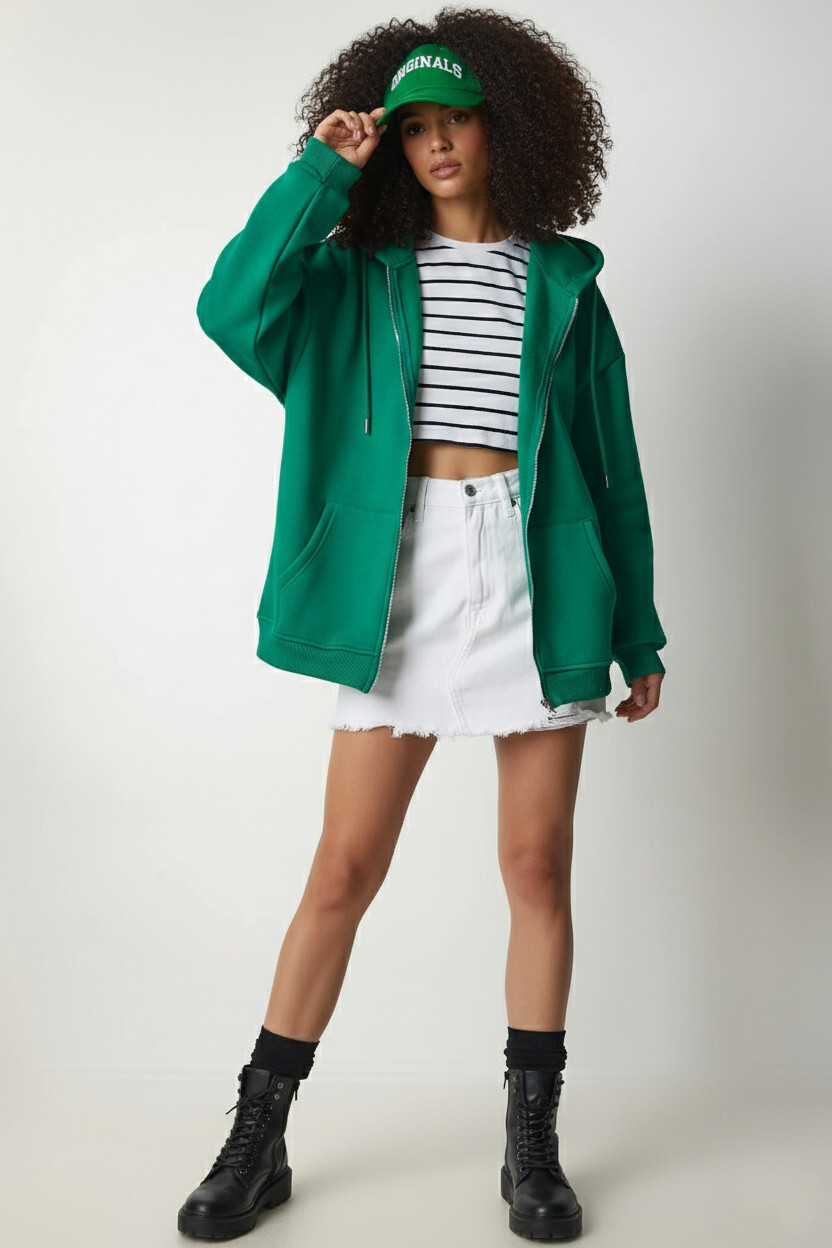 Fermuarlı Oversize Sweatshirt Yeşil