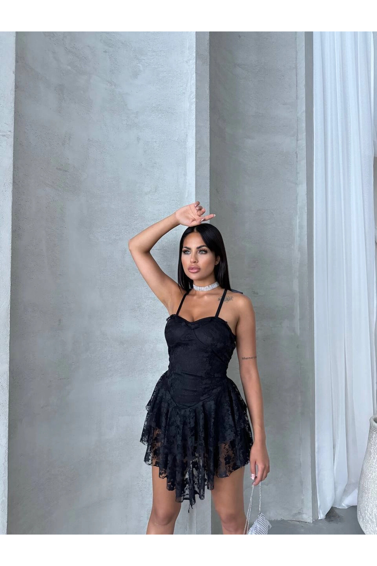 Gloplu İçi Şortlu Prenses Elbise Siyah