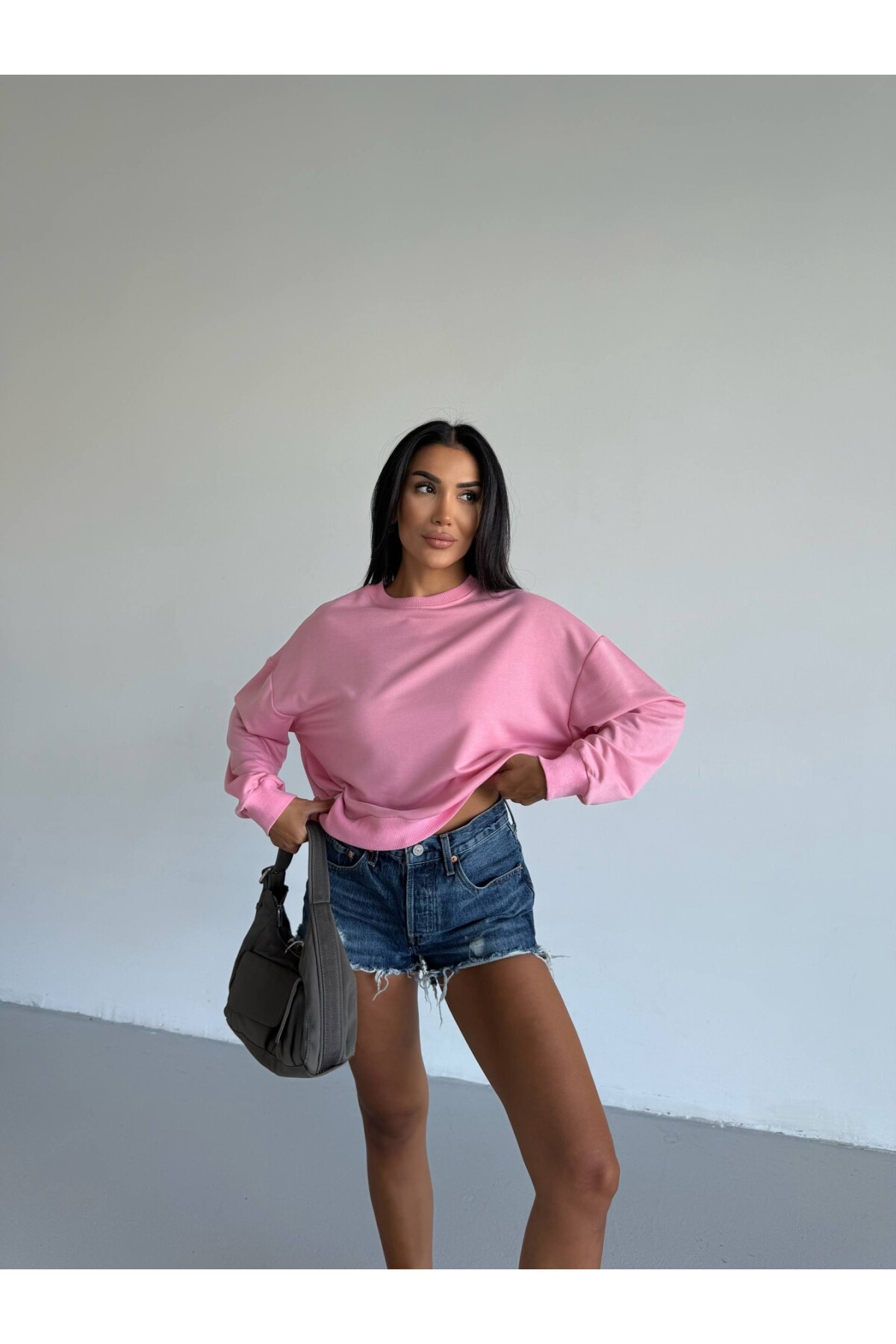 İki İplik Bisiklet Yaka Pudra Sweatshirt
