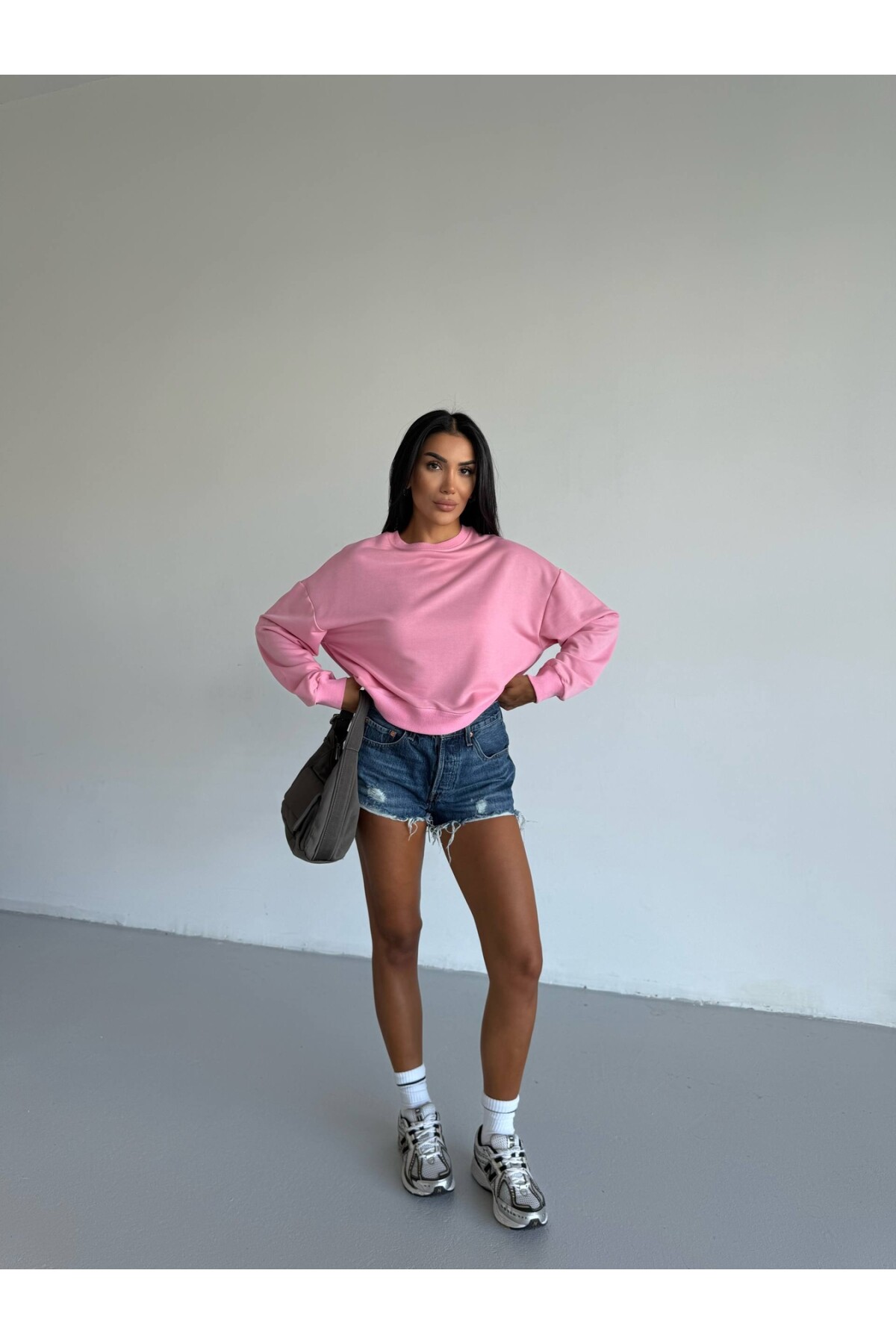 İki İplik Bisiklet Yaka Pudra Sweatshirt