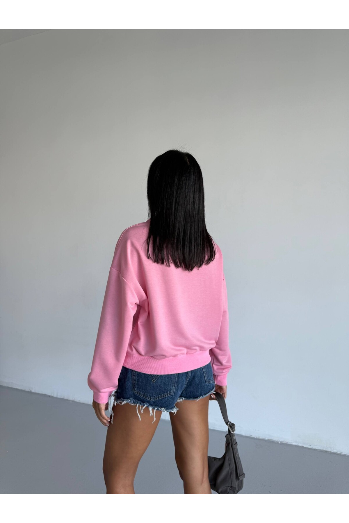 İki İplik Bisiklet Yaka Pudra Sweatshirt