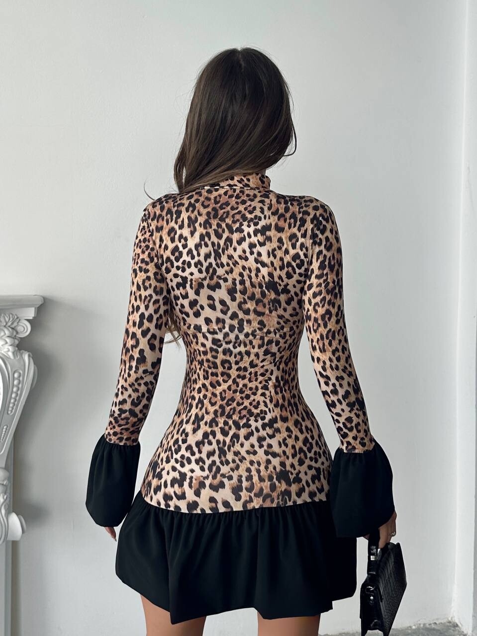 Leopar Etekleri Fırfır Detay Elbise