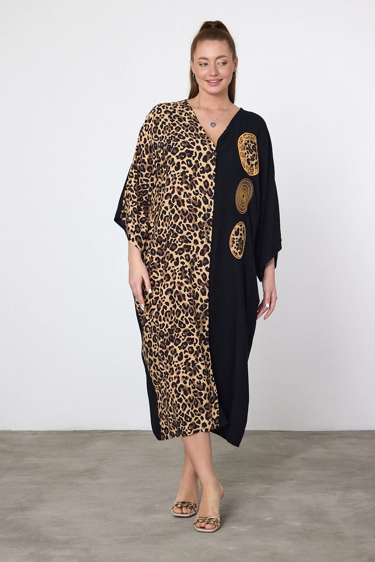 Maxi Boy Leopar Nakış İşlemeli Dokuma Viscon Elbise