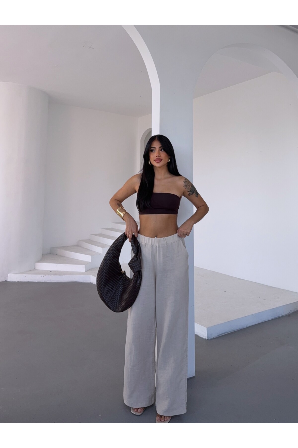 Müslin Kumaş Bol Paça Pantalon Ekru