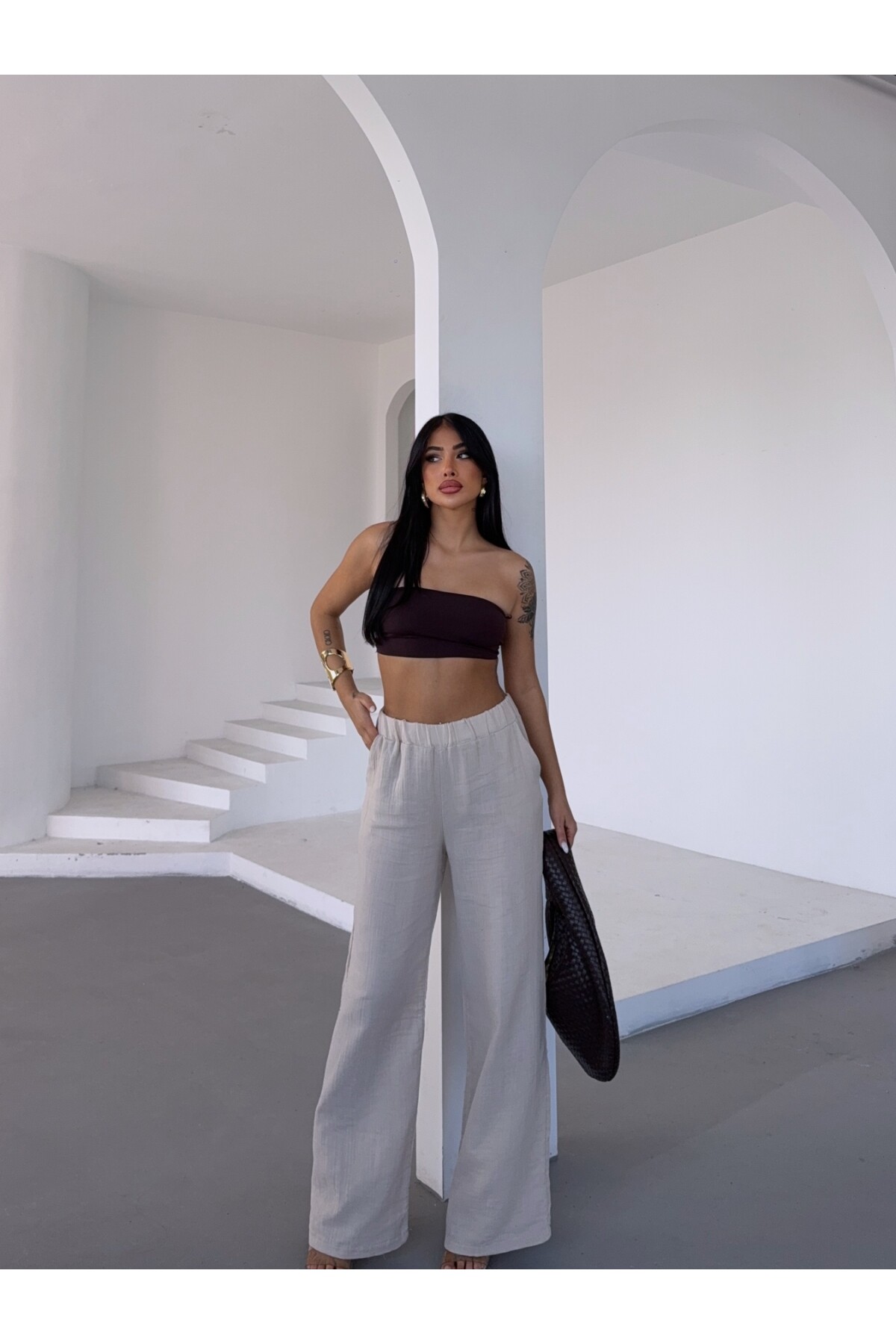 Müslin Kumaş Bol Paça Pantalon Ekru