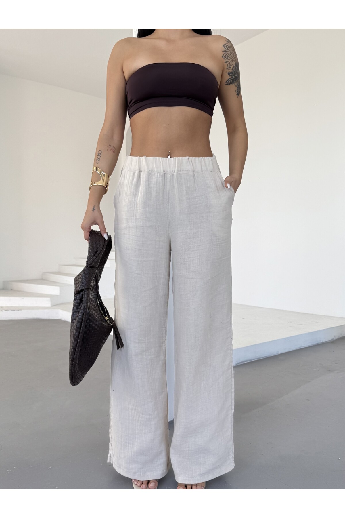 Müslin Kumaş Bol Paça Pantalon Ekru