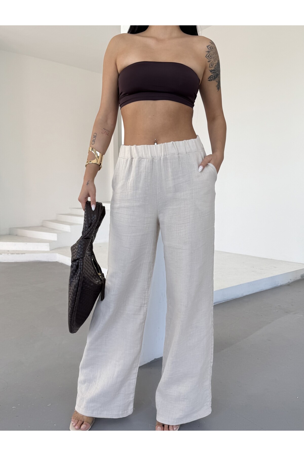 Müslin Kumaş Bol Paça Pantalon Ekru