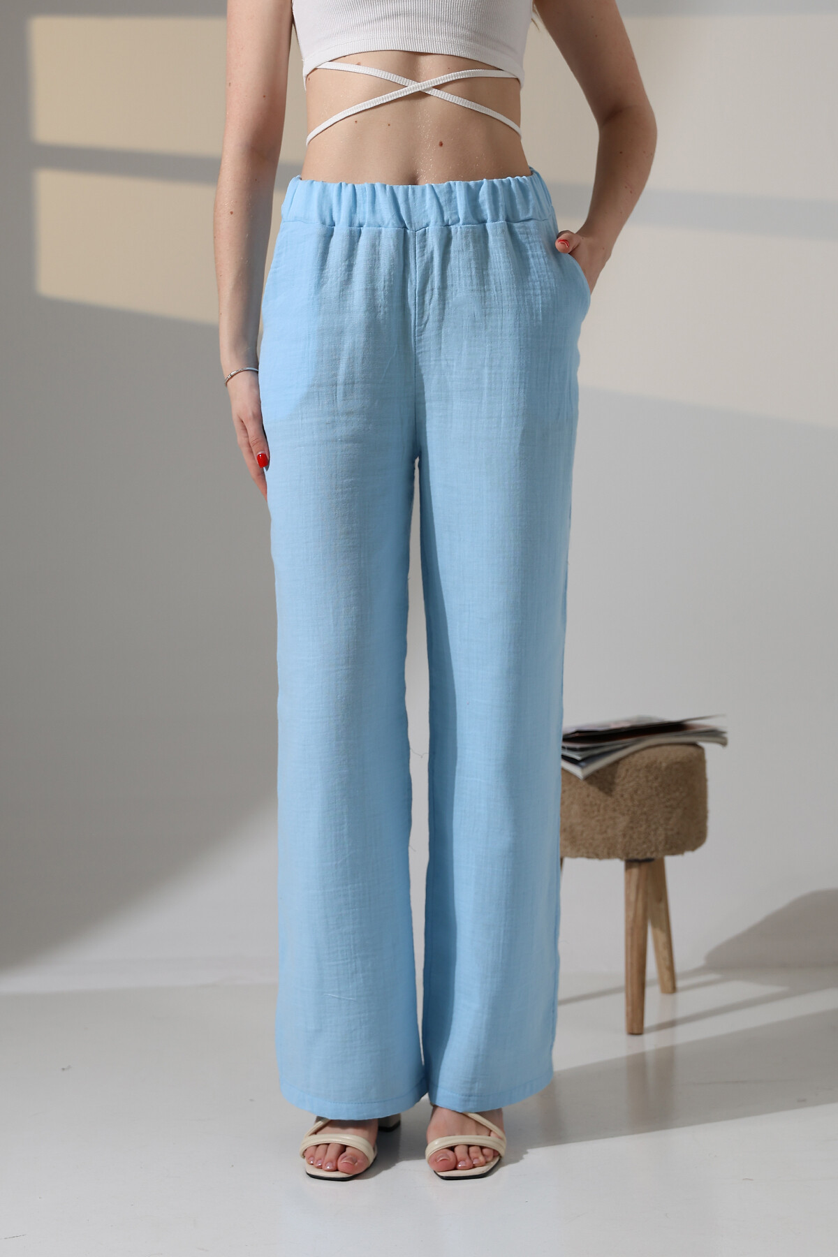 Müslin Kumaş Bol Paça Pantalon Ekru