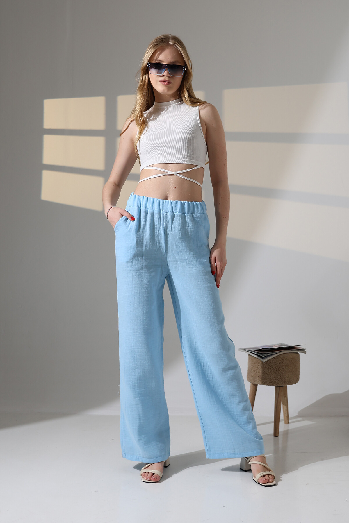 Müslin Kumaş Bol Paça Pantalon Ekru