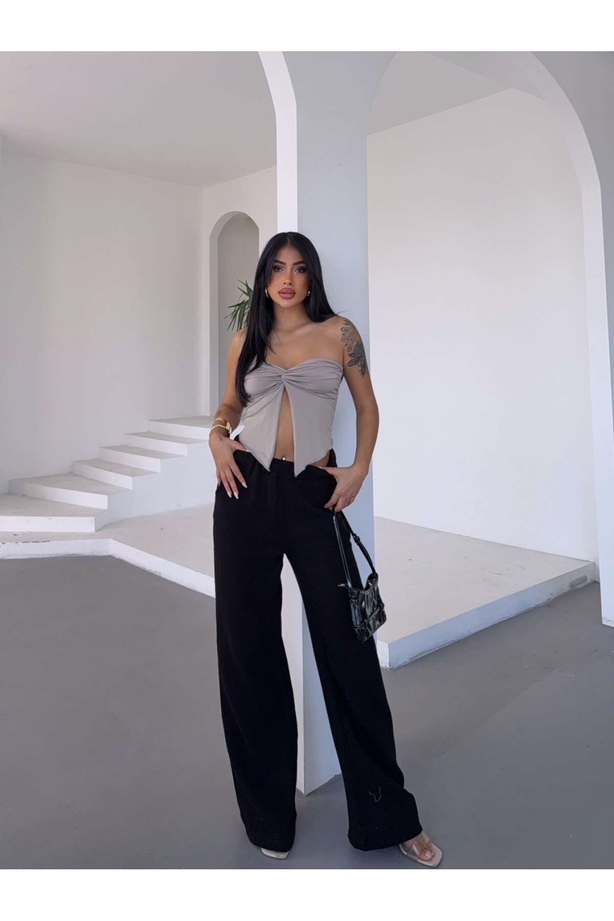 Müslin Kumaş Bol Paça Pantalon Siyah