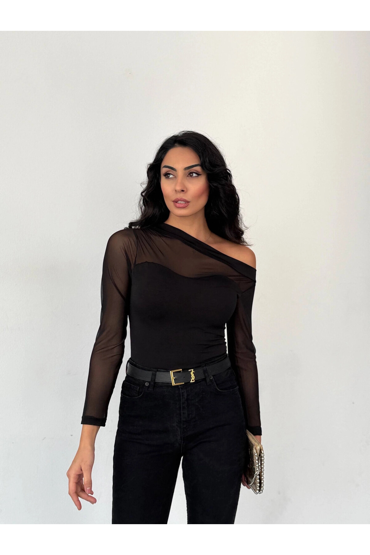 Sandy Kumaş Tül Detay Bluz Siyah