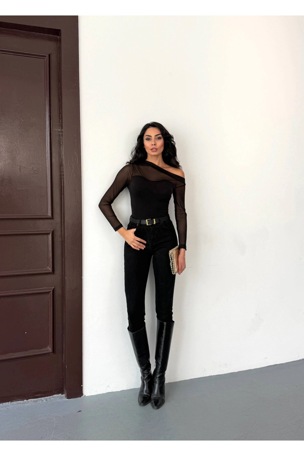 Sandy Kumaş Tül Detay Bluz Siyah