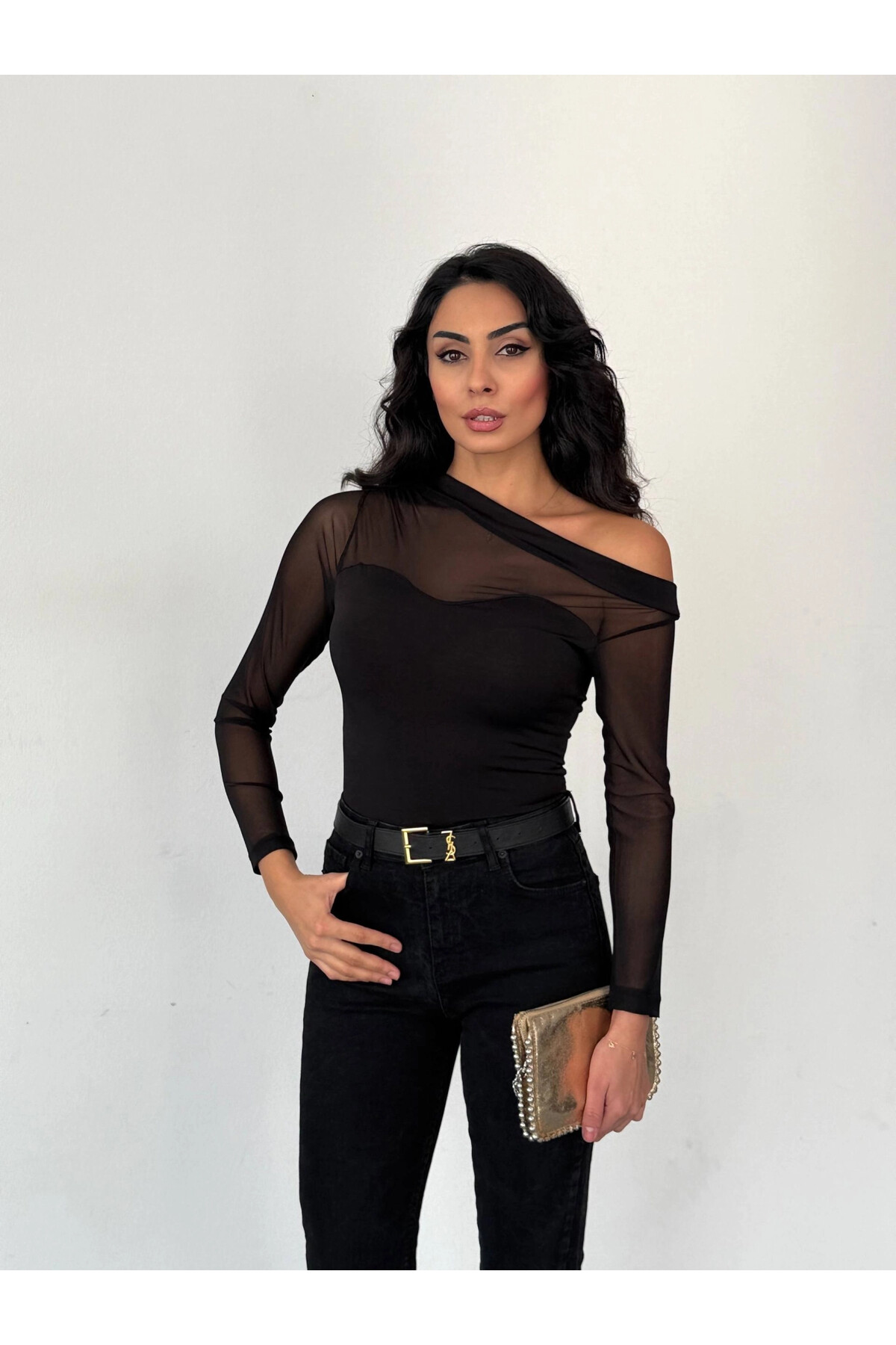 Sandy Kumaş Tül Detay Bluz Siyah