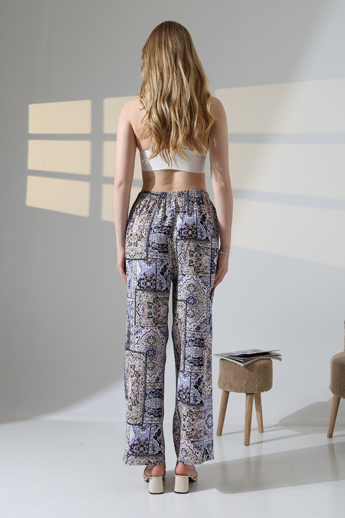 Viskon Bol Paça Lila Desenli Pantalon