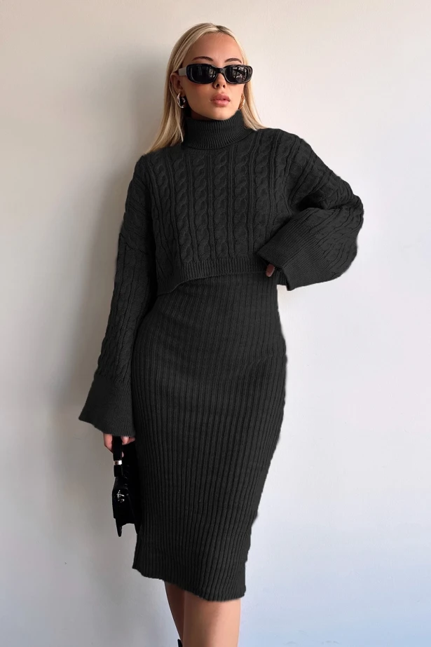 Boğazlı Crop Kazak Triko Elbise Takım