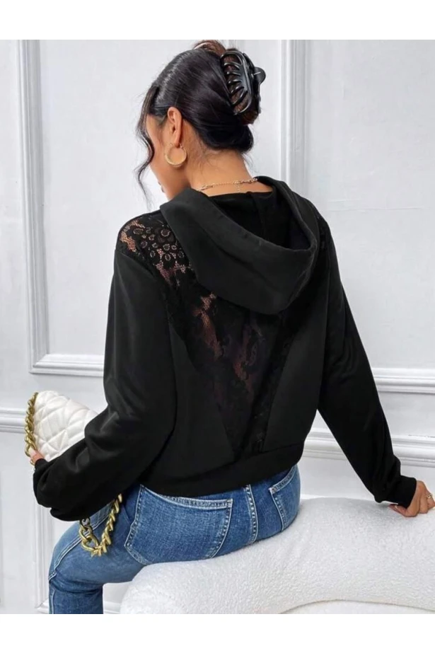 Sırtı Dantel Detay Kapşonlu Sweatshirt