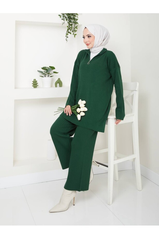 Fermuar Detaylı Triko Takım Yeşil