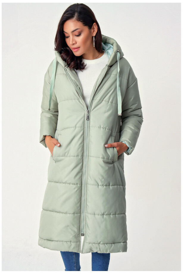 Kapşonlu Uzun Şişme Mont Mint