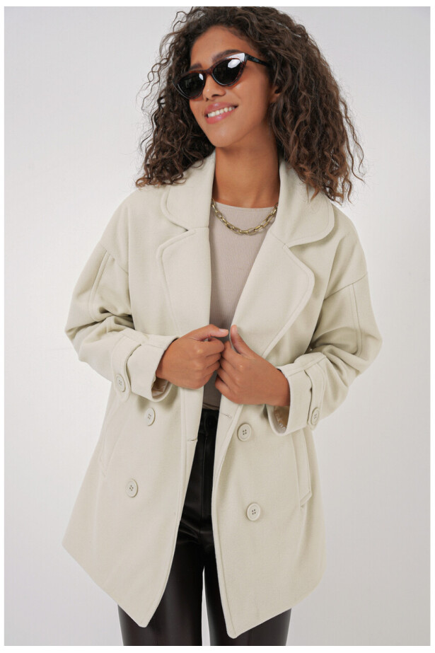 Kruvaze Yaka Kaşe Kaban Krem