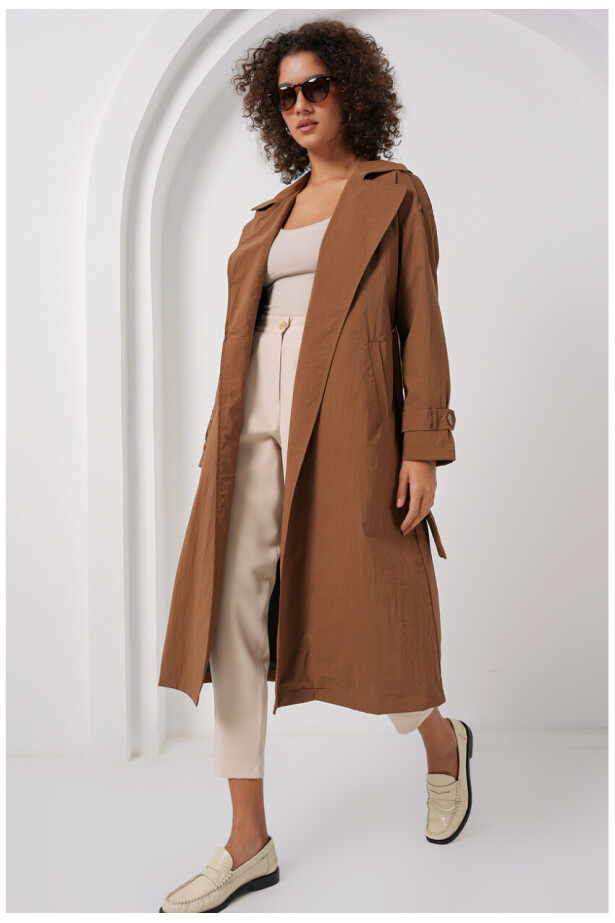 Kruvaze Yaka Trençkot Kahve