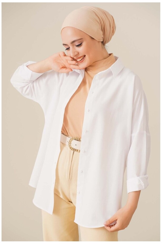 Oversize Basic Tesettür Gömlek Beyaz