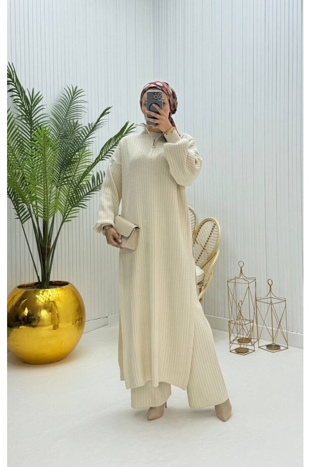 Pantalon Uzun Tunik Triko Takım Ekru