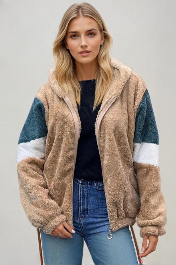 Renk Bloklu Bomber Polar Peluş Sweatshirt