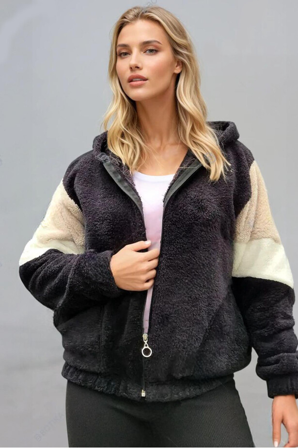 Renk Bloklu Bomber Polar Peluş Sweatshirt