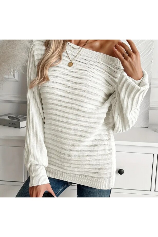 Uzun Kollu Tek Omuzu Açık Triko Bluz Beyaz