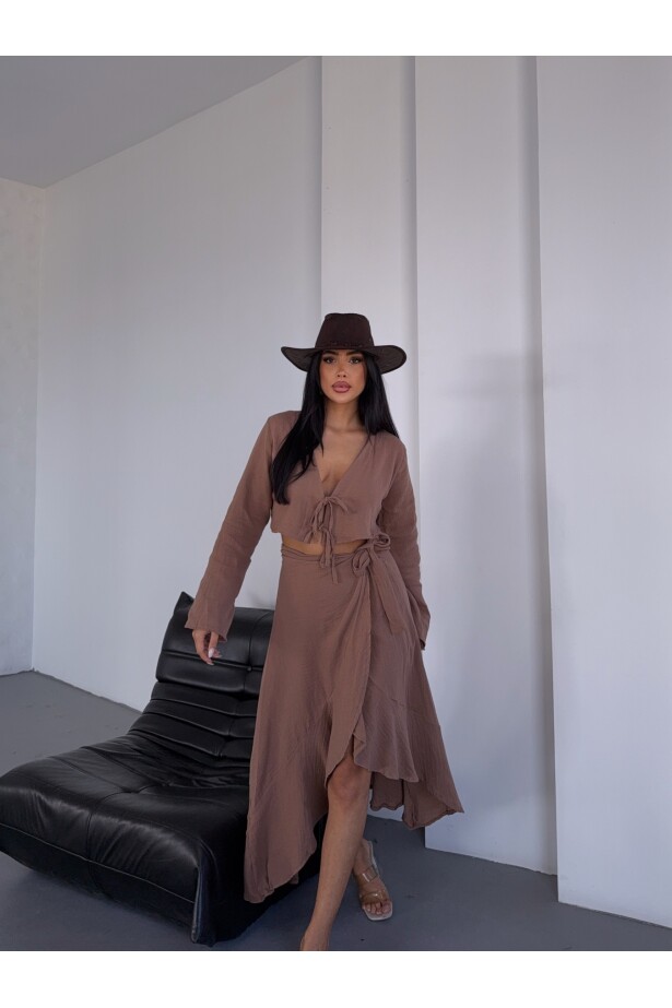 Müslin Kumaş Etek Bluz Takım Kahverengi